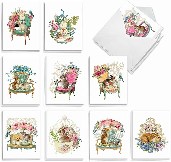 The Best Card Company - 20 Blank Note Cards with Envelopes (4 x 5.12 Inch) - All Occasion Animal Card Assortment (10 Designs, 2 Each) - Victorian Blooms and Bunnies AM3513OCB-B2x10