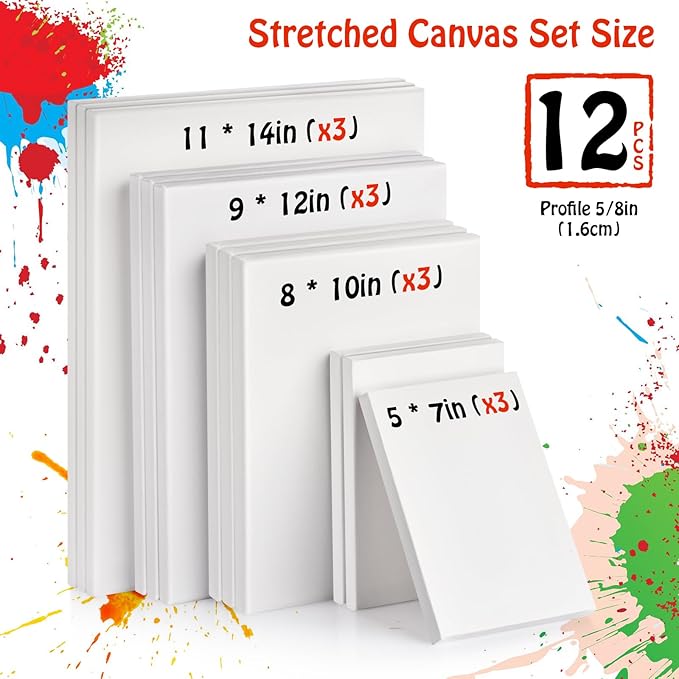 Stretched Canvas - 5x7, 8x10, 9x12, 11x14 (3 of Each) Total 12 Canvas Pack - 100% Cotton Blank Canvases for Oils Acrylics and Pouring