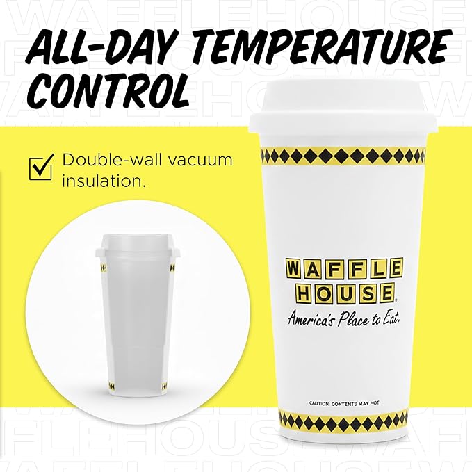 Waffle House Tumbler – 20oz Travel Coffee Tumbler with Spill-Resistant Lid, Double Wall Insulated Mug for Hot or Cold Drinks, Official Merch