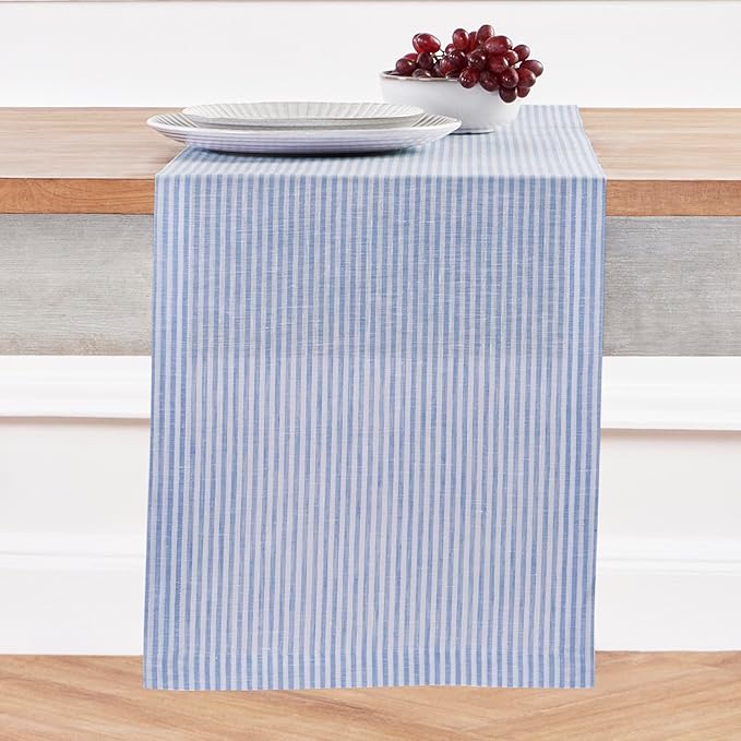 Solino Home Linen Table Runner 72 Inches Long - Narrow Stripe, 100% Pure Linen Cornflower Blue and White Table Runner 14 x 72 Inch for Dining, Dresser, Winter, Spring, Easter