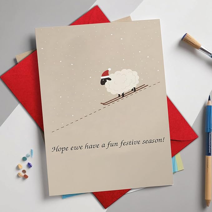 (5.3x8in) Hope Ewe Have a Fun Festive Season Card with Envelope, Cute Sheep Christmas Pun Design, Funny Holiday Greeting for Friends, Family, Coworkers, and Animal Lovers (Xmas 32)
