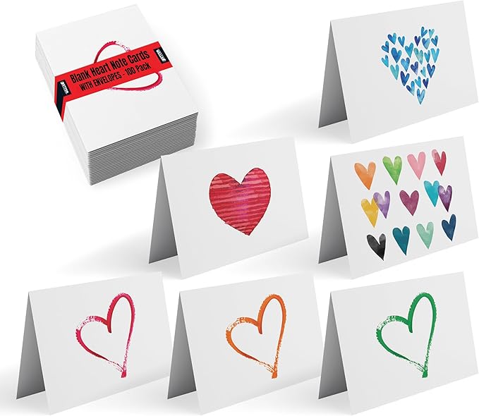 Better Office Products 100-Pack All Occasion Greeting Cards, Assorted Blank Note Cards, 4 x 6 inch, 6 Contemporary Heart Designs, Blank Inside, with Envelopes, 100 Pack