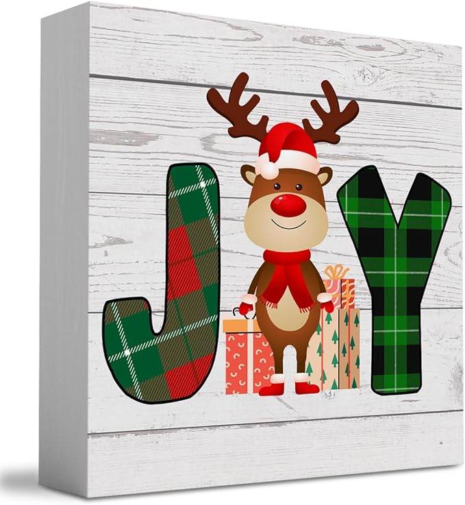 Rustic Winter Merry Christmas Joy Deer Wood Box Sign, Farmhouse Christmas Santa Artwork Decor, Wood Square Sign Desk Block Signs Home Shelf Office Decoration 5 x 5 Inches