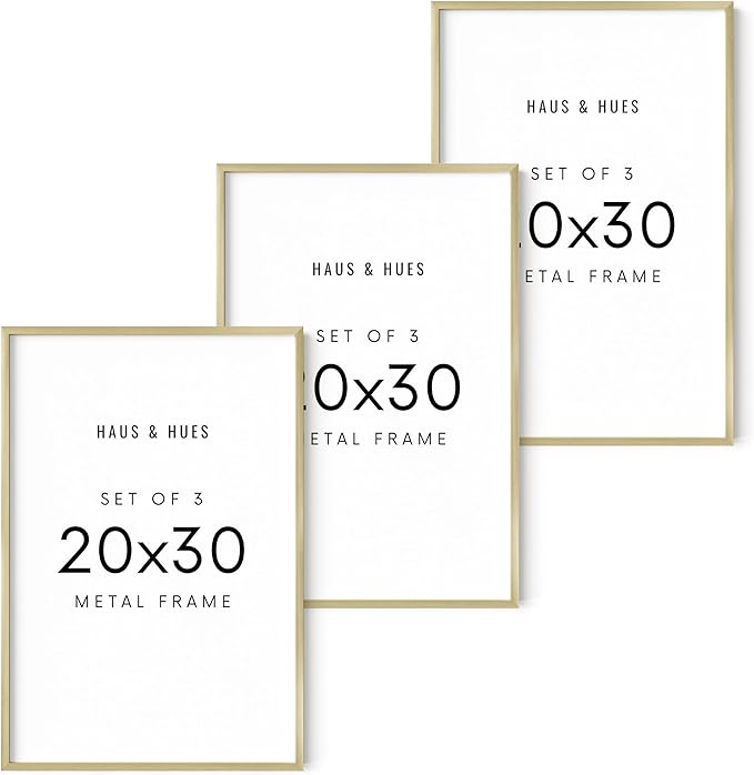 HAUS AND HUES 20x30 Gold Metal Picture Frames - Features Premium Aluminum, Vertical & Horizontal Hanging, Shatterproof Plexiglass - Perfect for Home, Office (20x30 in, Gold, Set of 3)
