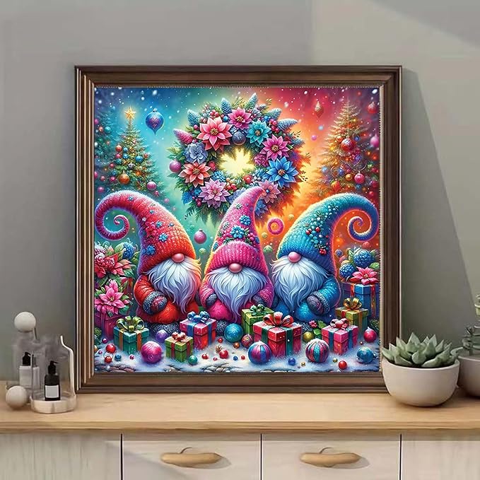 mrpwnle Christmas Gnome Diamond Art Kits for Adults, Christmas Diamond Painting for Kits Adults Beginners, 5D Round Full Drill Winter Gem Art Kit, Home Wall Decor Gifts 13.8x13.8inch