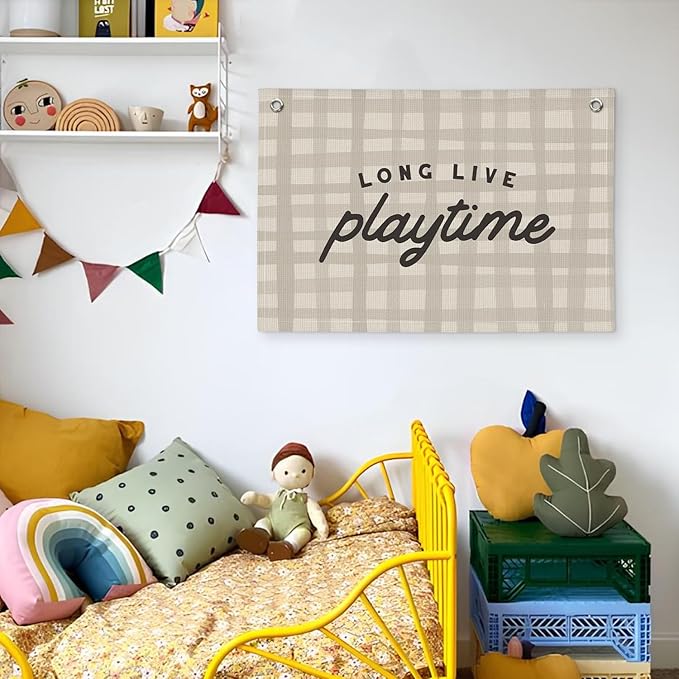 Playroom Decor, Play Room Wall Decor, Long Live Playtime Linen Banner Wall Hanging, Boho Beige Banner Flag Decor for Nursery Boys Room 20x30
