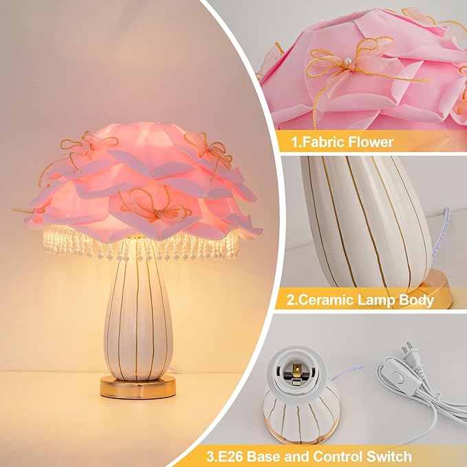 Pink Flower Lamp Romantic Bouquet Bedside Lamp Cute Nightstand Light Nordic Bow Table Lamp for Bedroom Living Room Entry Office Study Room Kid Room Valentines Dating Wedding Chirstmas Deco