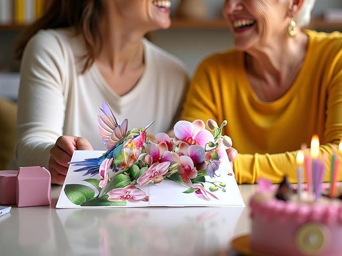 Birthday Cards for Women - Hummingbird Pop Up Card, Handmade Gift for Mom, Wife, Grandma, Daughter, Friend – Greeting Cards for All Occasions (Hummingbird and Orchid)