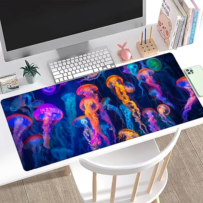 Vibrant Jellyfish Gaming Mouse Pad, Office Desk Mat, Anti-Slip Rubber Base Cool Aesthetic Mouse Pads for Computer Laptop Keyboard School Home Desktop Gamer Home Accessories Decor 31.5" x 11.8"