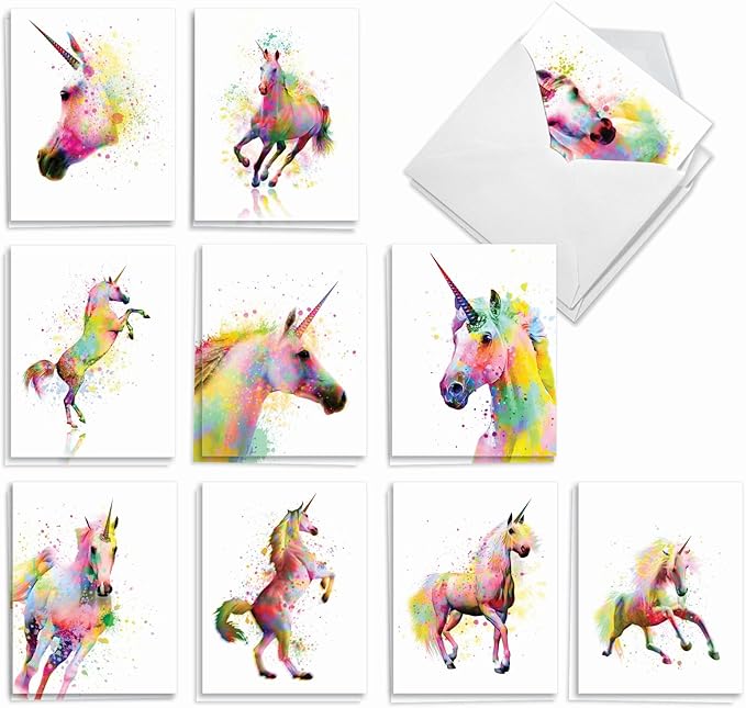 The Best Card Company Assorted Watercolor Blank Greeting Card Box Set - Incl. 10 Notecards + Envelopes, 20 Unique Designs for Thank You, Invitations, More - Funky Rainbow Unicorns AM6748OCB-B2x10-NB