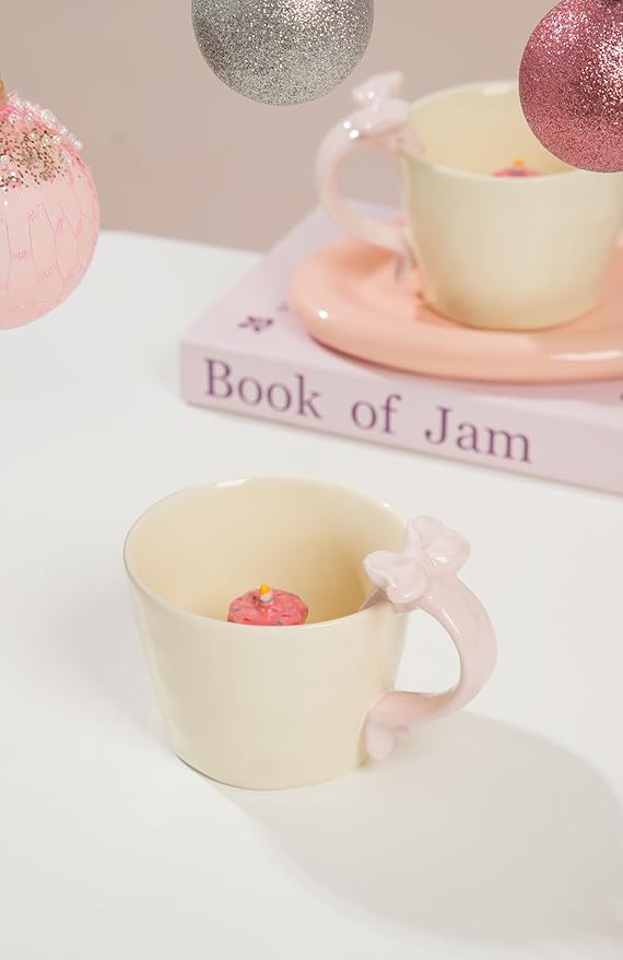 DIHOclub Ceramic Coffee Mug with Birthday Cake & Bow Handle, Giftable Novelty Tea Cup for Birthday Anniversary (Cream)