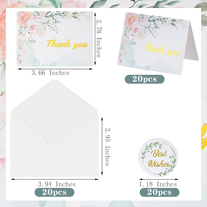 20 Pack Flower Thank You Cards with Envelopes and Stickers 3.66x2.76'' Gold Foiled Greeting Card Wildflower Thank You Cards Set Mixed Color Gift Card for Friends Family
