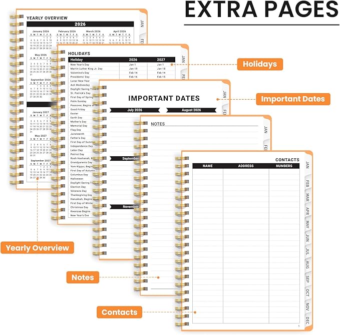2026 Planner, Weekly and Monthly Calendar Planner for Women, Jan 2026 - Dec 2026, Hardcover Planning Agenda book with Tabs, Spiral Bound, Inner Pocket, Perfect for School Office Supplies, 8.5" x 11" - Bright Orange