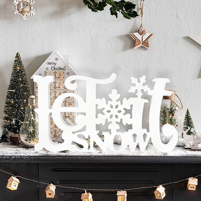 Let It Snow Decorations, Snow Wooden Christmas Table Centerpiece Sign, Tiered Tray Decor for Xmas Winter Holiday Home Decor (White)