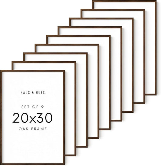 HAUS AND HUES Walnut Wood 20x30 Poster Frames - Set of 9, Natural Frames with Plexiglass and Hanging Hardware (Walnut Oak Frames)
