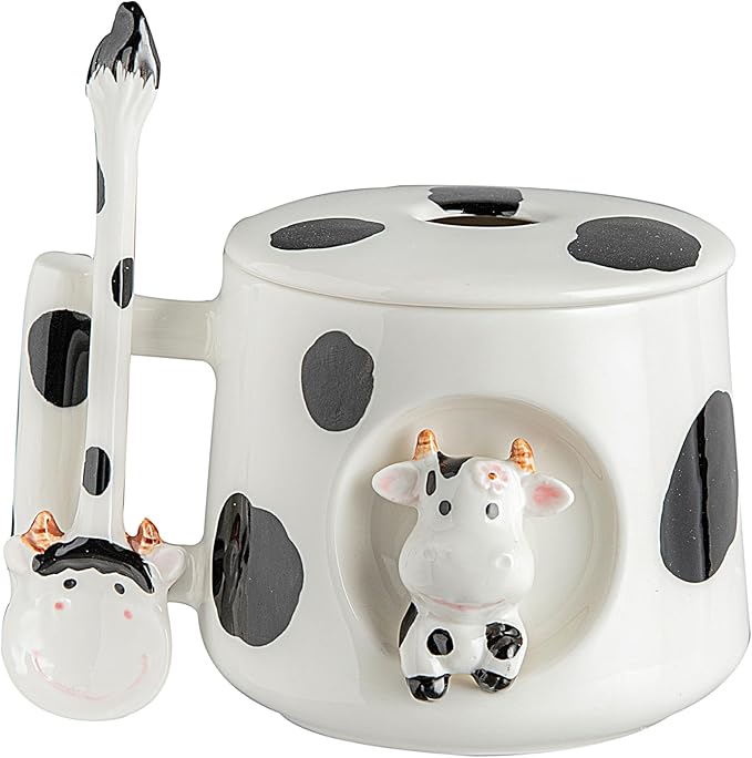 DIHOclub Adorable 3D Ceramic Cow Mug with Lid and Spoon - Perfect for Coffee, Tea, Milk, and More - Ideal Gift for Animal Lovers Gift for Mather- 14 Ounces(BLack white)