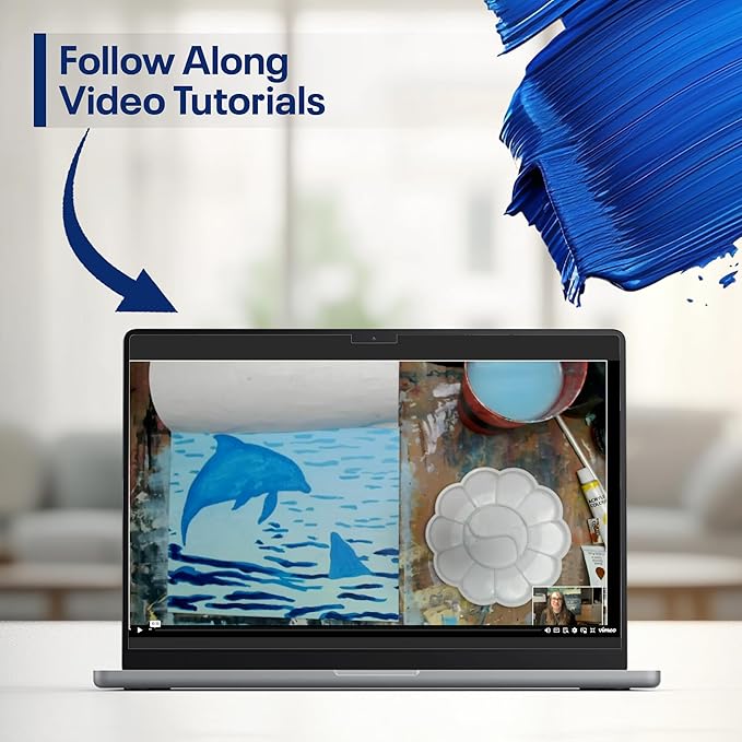 DIY Painting Class Kit for Adults with Video Tutorials: Learn to Paint Dolphins – How to Paint with Acrylics – Painting & Art Supplies – 9 Piece Acrylic Paint Set