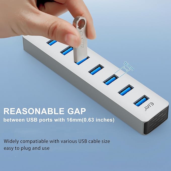 EJAY 7-Port USB 3.0 Hub for PC with Power Adapter, Aluminum USB Splitter 5Gbps Data Transfer, 3.3ft Data & Power Cables for Laptop, Mac, Windows, Linux