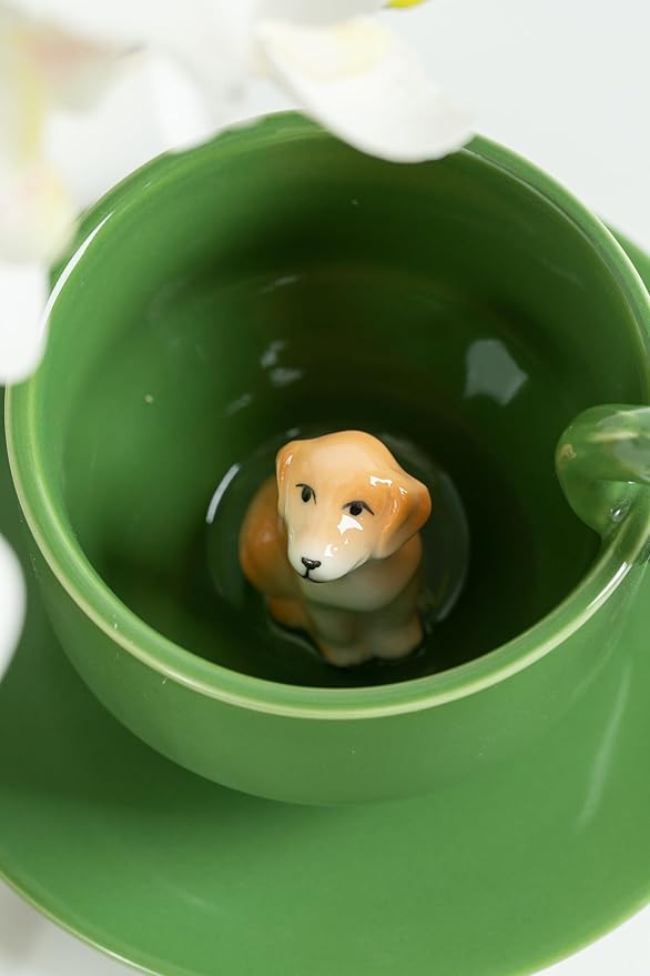 DIHOclub Ceramic Coffee Mug With Saucer 3D Dog Sculpture With Tail Handle - Elegant Office & Gift-Ready Tea Cup for Pet Lovers, Birthday, Christmas (Green Dog)