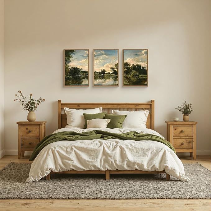 Large Natural Forest and Lake Framed Canvas Wall Art,Modern Countryside Wall Decor,Vintage Neutral Landscape Artwork,Rustic Antique Scenery Art Print for Living Room,Bedroom,Office- 16"x24"x3