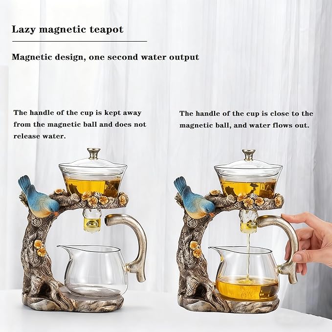 Lazy Kungfu Glass Tea Set Heat Resistant Semi Automatic Drip Rotating with Infuser Magnetic Teapot Set for Gongfu Tea Making Ideal (Blue Bird)