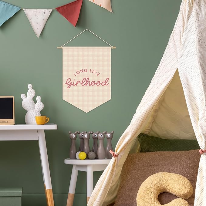 Girl Nursery Decor, Long Live Girlhood Linen Canvas Banner, Pink Checkered Preppy Girly Wall Hanging Pennant Flag Banner for Girls Nursery Kids Toddler Room Bedroom Dorm Decor, 15x11in