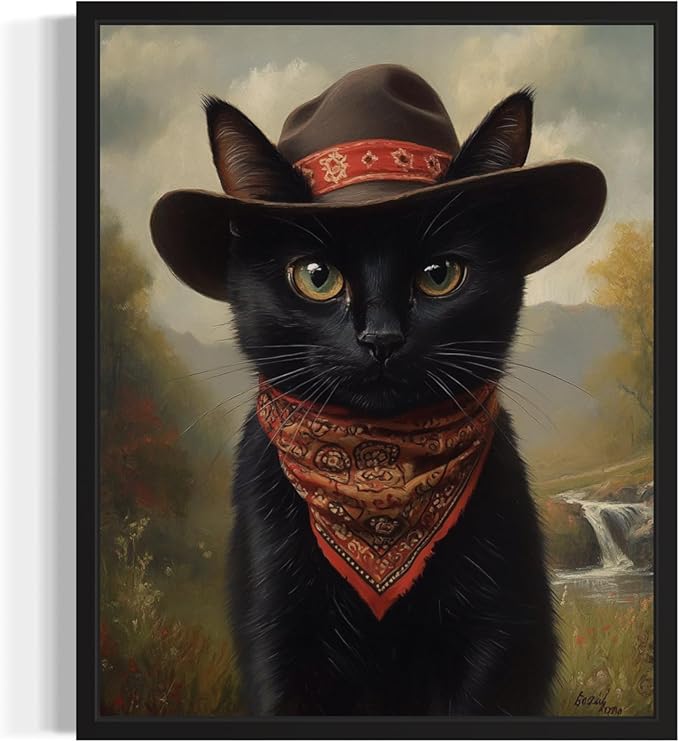 Bandit Cat Art Poster Print, Cat Kitten Painting Humor Portrait Pet Artwork Decor Gallery A8 (11 x 14 inches, Black Frame)
