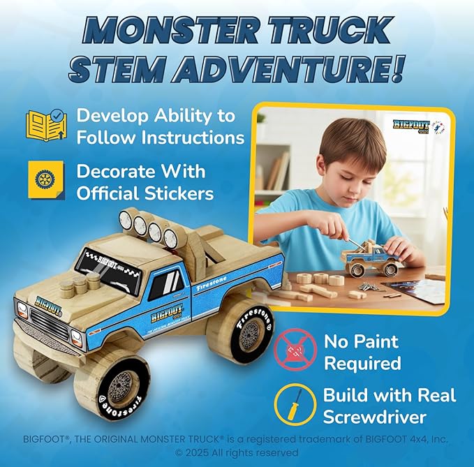 DIY Bigfoot 1 Monster Truck Wooden Kit w/Stickers (Small 5")- Officially Licensed Kids Building Kit - Wood Building Kits for Kids & Stem Toys for Ages 5-8 Years - Arts & Crafts Kits for Children