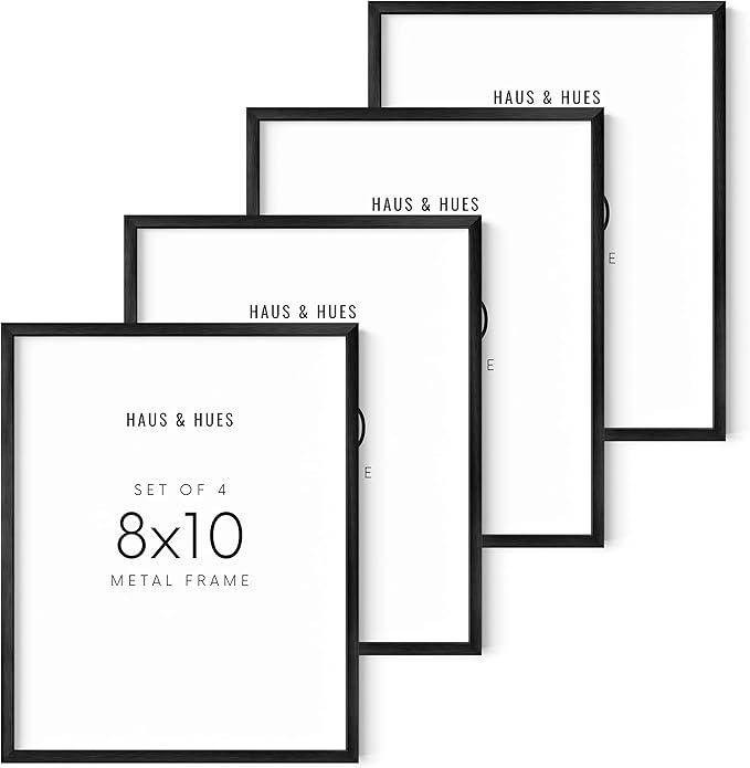 HAUS AND HUES 8x10 Black Metal Picture Frames - Features Premium Aluminum & Hanging Hardware, Shatterproof Plexiglass - Ideal for Home, Room, Office (8x10 in, Black, Set of 4)