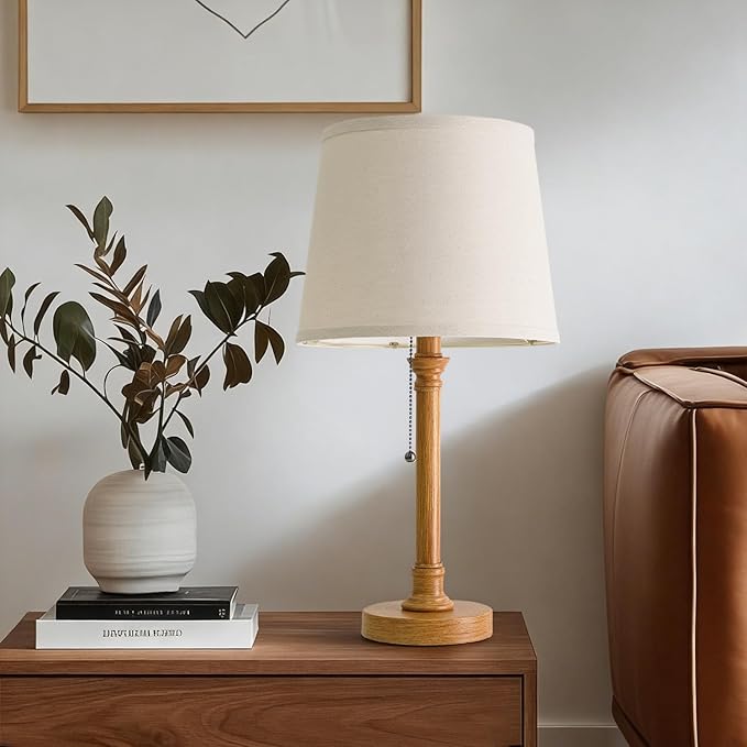 Oneach 19.5" Wood Grain Table Lamps Set of 2, Pull Chain Switch Bedside Table Lamps, Modern Nightstand Lamp with Linen Shade, Small Desk Lamp for Living Room, Bedroom, Home Office, Nursery