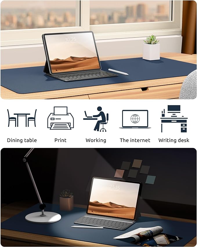 YSAGi Leather Desk Protector, Office Mat, Large Mouse Mat, Non-Slip PU Leather Blotter, Laptop Pad, Waterproof Writing Pad for Office and Home (Dark Blue, 31.5" x 15.8")