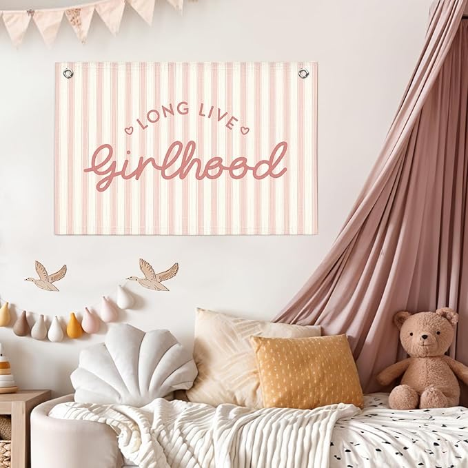 Lacama Long Live Girlhood Banner, Pink Linen Banners Wall Hanging Banner Flag Decor for Toddler Girls Room Nursery, Wall Hanging Flag 30x20 In
