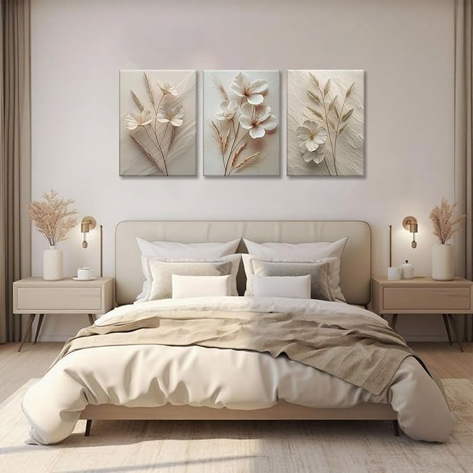 TUEASKY 3 Piece Canvas Wall Art Beige Wall Decor Floral Pictures Flower Art Prints Neutral Botanical Paintings Minimalist Artwork For Bedroom Living Room Office