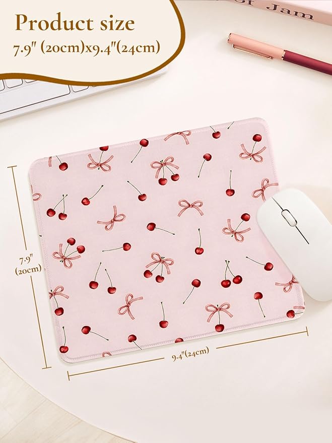 Cute Cherries Mouse Pad, Waterproof Aesthetics Bowsknot Mouse Pads Design, Non-Slip Rubber Base Computer Simple Funny Mousepad,Small Mouse Mat Desk Accessories Office Supplies,Red Cherry Pink
