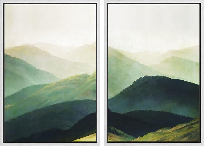 SIGNWIN Framed Canvas Print Wall Art Set Green Mountain Range Forest Landscape Nature Wilderness Digital Art Modern Art Floral Rustic Decorative for Living Room, Bedroom, Office - 16"x24"x2 White