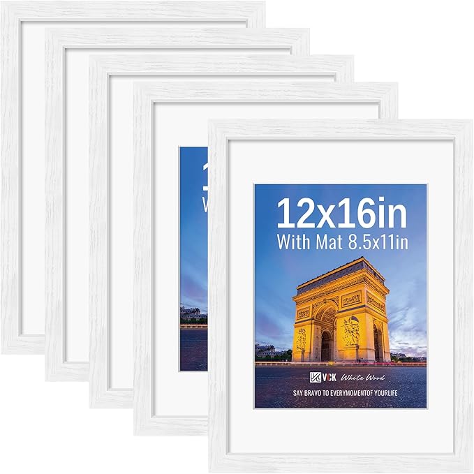 VCK 12x16 Picture Frames White Set of 5, Wide Border Wood, Tempered Glass, Display 8.5x11 Photo with Mat or 12 x 16 without, for Home, Office, Gallery, Woodgrain Series, Wall Hanging