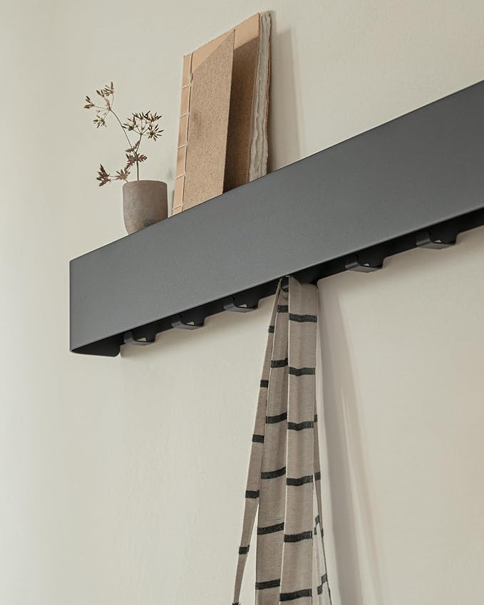 Kazai.®️ Coat Rack Wall Mount with Shelf 'Tone' | Modern Design Coat Hanger with Hidden Hooks and Storage | Hat Rack with Shelf in Metal | Wall-Mounted Purse Organizer | Black