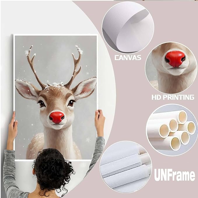 Canvas Wall Art Red Nosed Reindeer Christmas Farmhouse Mantle Canvas Wall Art Print Farmhouse Christmas Poster 28x40in-UnFramed