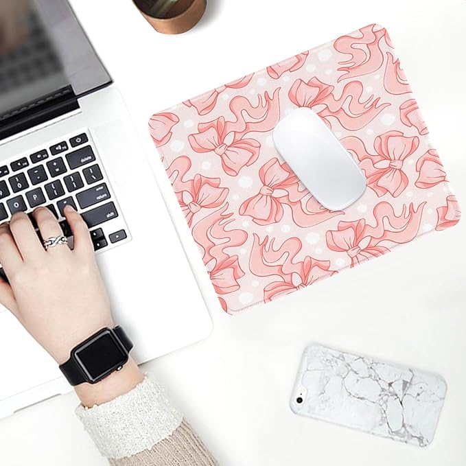 Seorsok Square Abstract Art Pink Bows and White Dots Mouse Mat,Premium Textured Mouse Pads for Office Laptop,Washable Square Mousepads with Extended Stitched Edges Non Slip Rubber Base