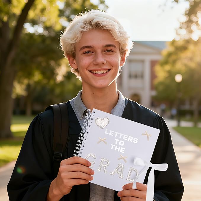 BINBE 8 x 8 Inch Letters to The Grad Scrapbook School Memory Book DIY Blank Paper Scrapbook Photo Album Book Sign with Pearl Stickers, Metallic Letters, Bows White