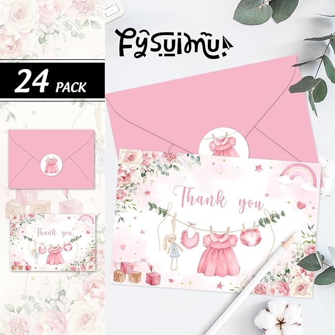 24 Pack Baby Shower Thank You Cards Pink Baby Cloth Floral Greeting Cards with Envelopes Stickers Blank Note Cards for Girl Birthday Baby Shower, 4 x 6 Inch