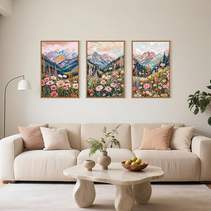 Large Colorful Floral Mountain Framed Canvas Wall Art,Natural Ridge Blossom Wall Decor, Boho Botanical Artwork, Modern Scenery Art Print for Living Room,Bedroom,Office- 24"x36"x3