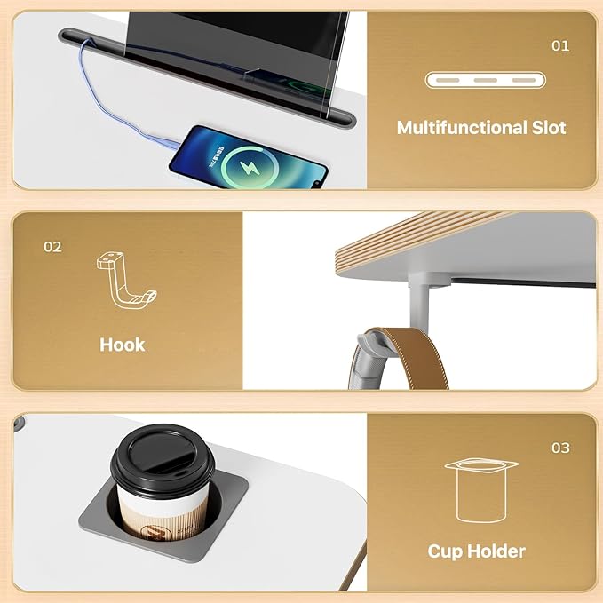 Mobile Standing Desk, Rolling Laptop Cart Adjustable Height with Cup Holder, 28 inch Portable Table with 4 Lockable Wheels, White Computer Workstation with Hook and Slots for Home Office