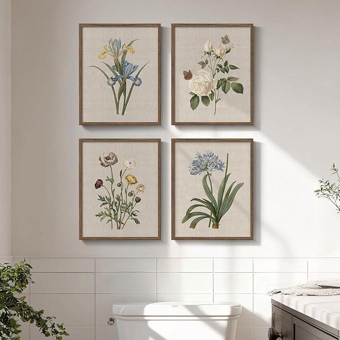 Framed Botanical Wall Art, 4 Piece Vintage Floral Canvas Painting Prints Artwork for Farmhouse Bathroom Wall Decor, Rustic Flower Butterfly Pictures for Bedroom Kitchen Hallway Home Decor, 8x10 Inch