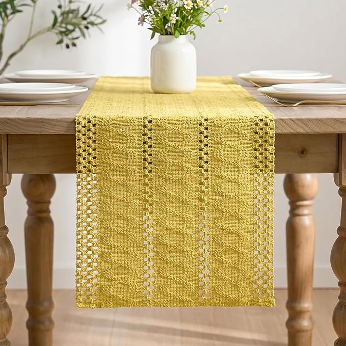 Artoid Mode Yellow Farmhouse Woven Rustic Hollow Table Runner, Seasonal Holiday Hollow Kitchen Dining Table Decoration for Home Party Decor 12x60 Inch