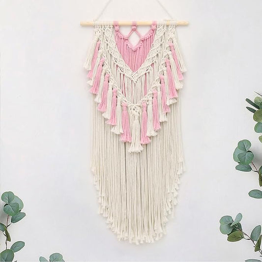 LB Pink Macrame Wall Hanging, Handmade Woven Tapestry Wall Hanging Modern Pink and Beige Wall Decor for Living Room Bohemian Macrame Wall Art for Office Apartment Bedroom Backdrop,15.7" W x 30.7" L
