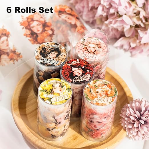 6 Pcs Flower Girl Scrapbook Tapes, Pre-Cut PET Tapes Aesthetic Stickers for Journaling, Scrapbook Supplies, and Ephemera, with Decorative Clip