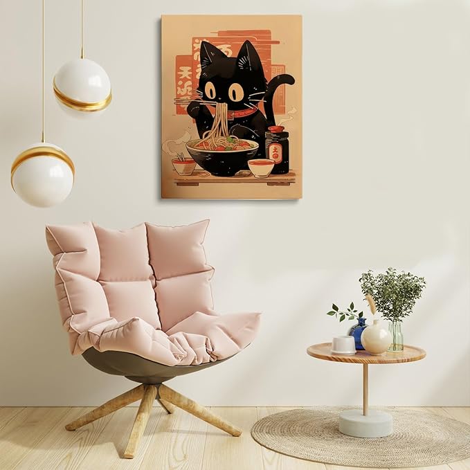 Noodle Black Cat Poster,Tonkine Cat Print,Edo Period Ramen Noodles Art,Ramen Stall Print,Vintage Ramen Print,Japan Black Cat Poster,Eating Hungry Cat For,Kitchen Wall Art20x30 Framed