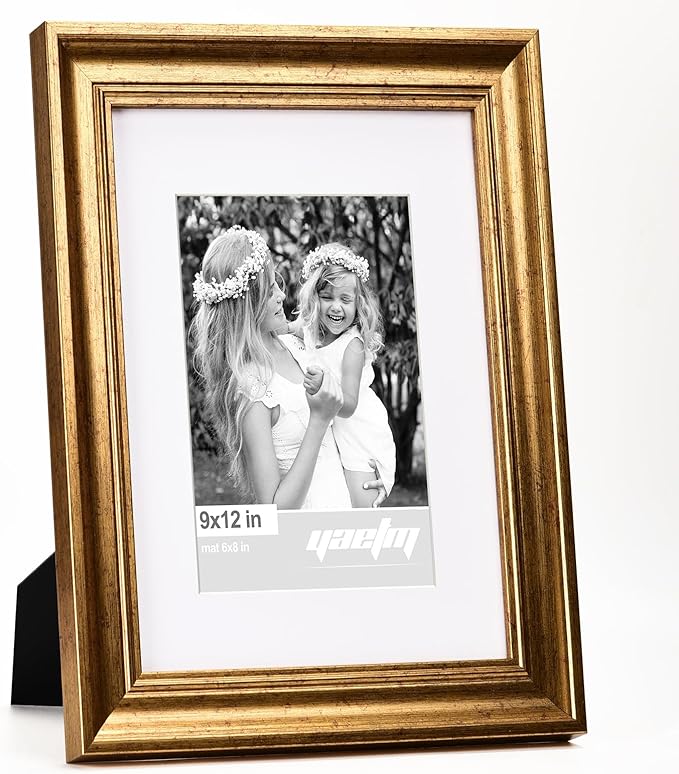 Yaetm Gold 9x12 Picture Frame Matted to 6x8 Set of 4, 1.4” Wide Molding & Rustic Gold Photo Frames 9 x 12 with Tempered Glass, Display on Tabletop & Wall Mounting, 4 Pack