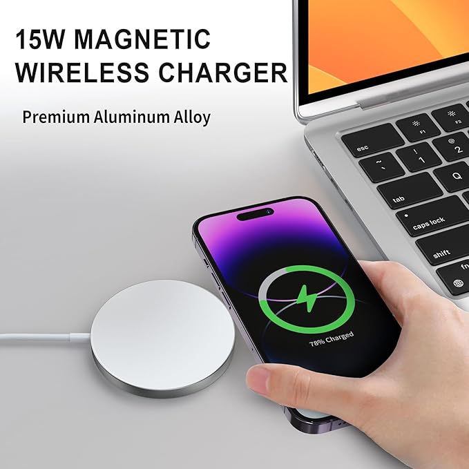 for MagSafe Charger 2 Pack 15W Magnetic Wireless Charging Pad for iPhone 17 16 15 14 13 12 Air Pro Max Plus mini/AirPods 2 3 Pro, Slim Portable Strong Magnet Quick Charger, USB-C/A Ports, Silver